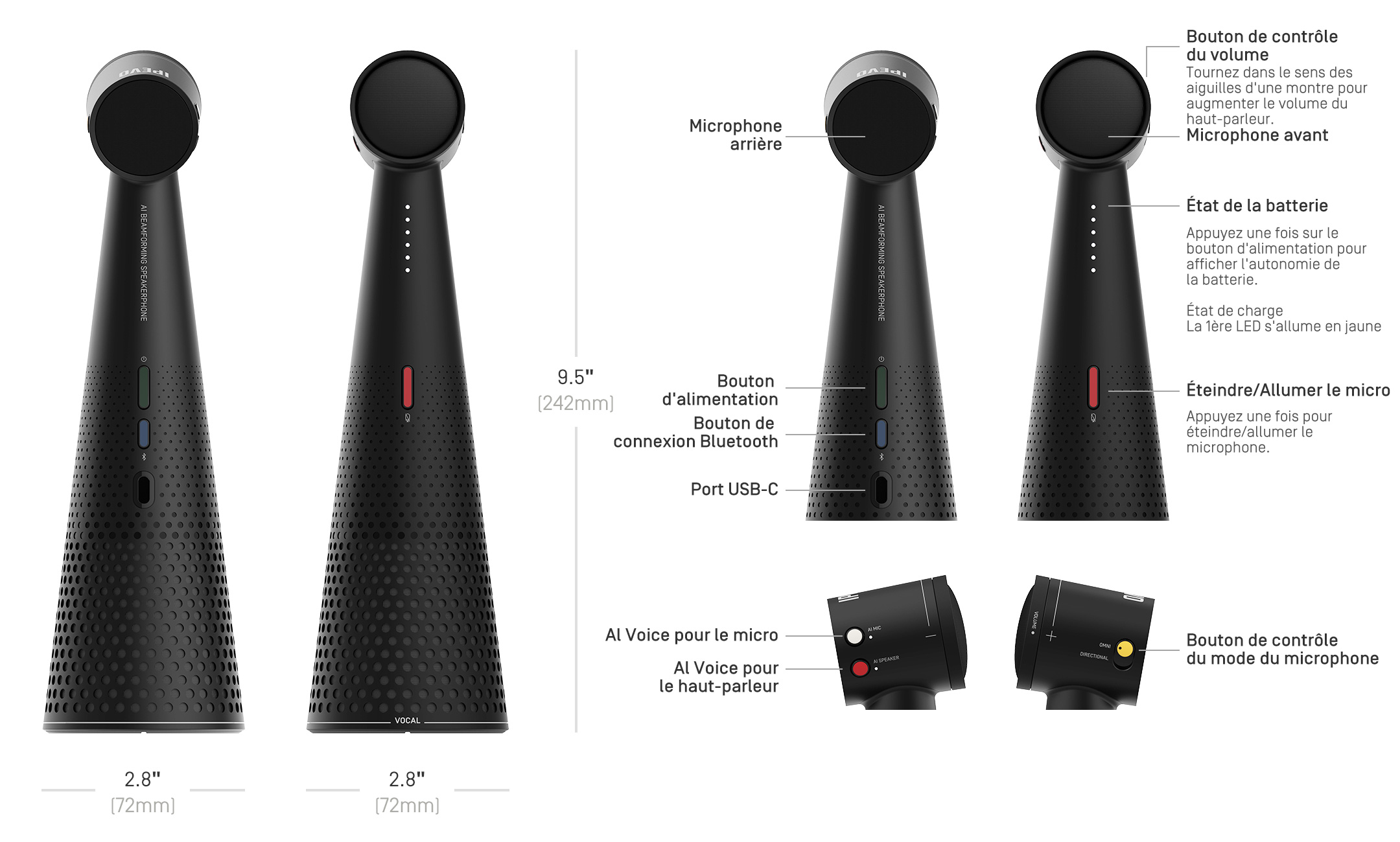 IPEVO VOCAL Haut-parleur Bluetooth avec formation de faisceaux IA